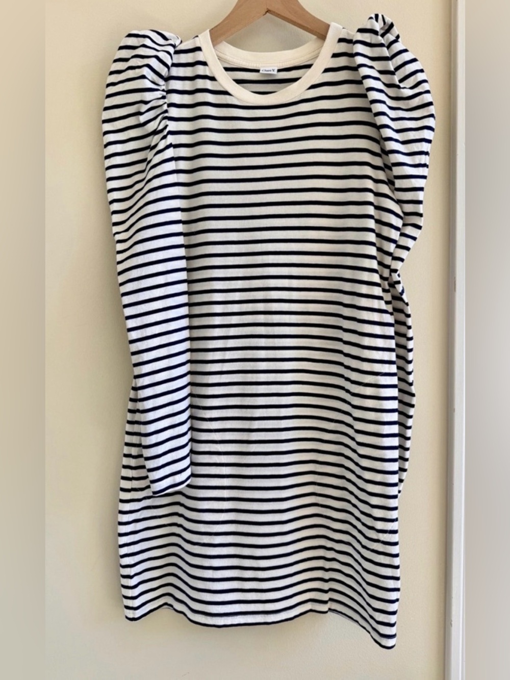 Clare V. Women's Navy Blue Cream Stripe Le Puff Sleeve Dress original $195